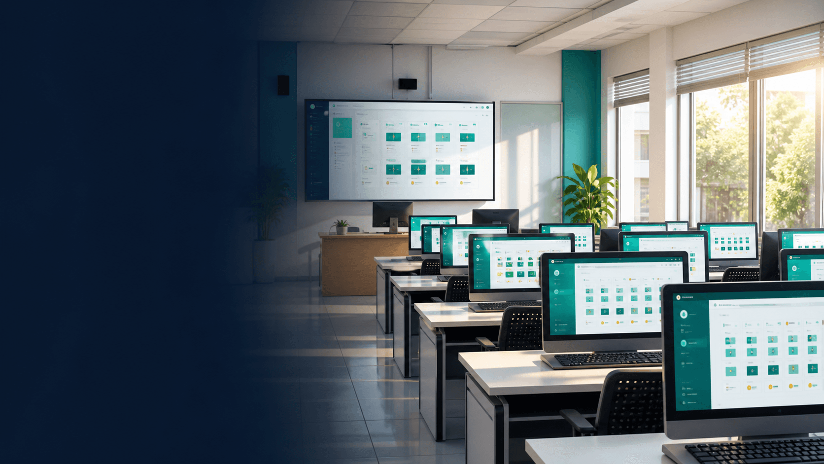 Phòng máy hiện đại đang hiển thị giao diện MindClass
