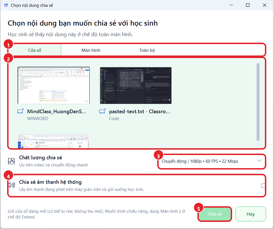 Hộp thoại chia sẻ màn hình giáo viên trong MindClass.