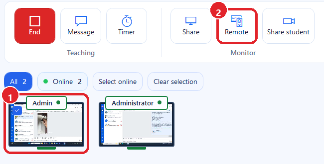Màn hình chọn một máy học sinh online để remote.