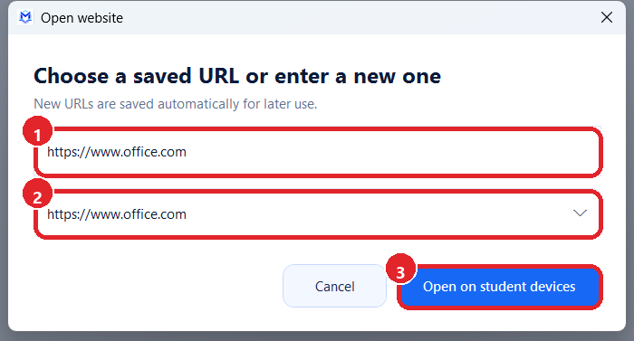 Hộp thoại mở website trên máy học sinh trong MindClass.