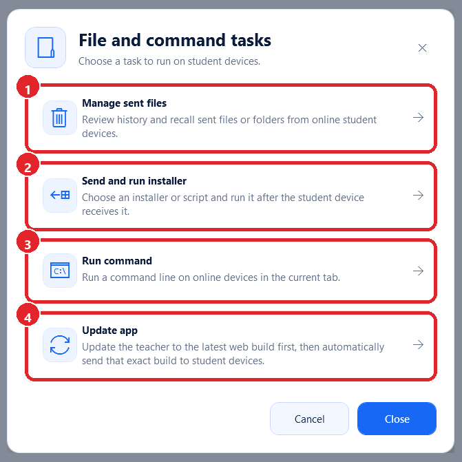 Menu mở rộng để quản lý file đã gửi, chạy installer, chạy lệnh và cập nhật app.