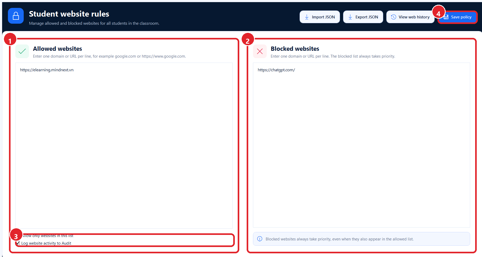 Màn hình cấu hình chính sách Website trong MindClass.