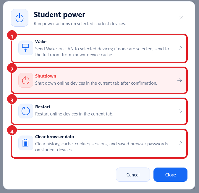 Menu Power gồm Wake, Shutdown, Restart và Clear browser data.